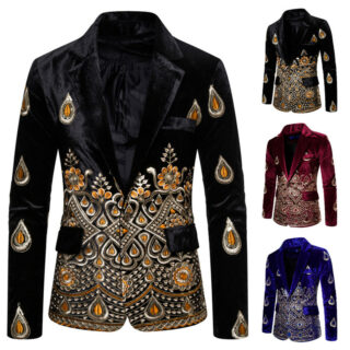 Blazer noir avec des motifs dorés sur fond blanc. On voit également des blazers de couleurs différentes en plus petit.