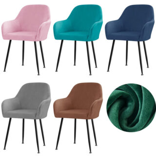 chaises avec une housse en velours rose, bleu turquoise, bleu marine, gris et marron