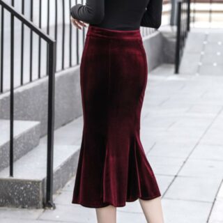 Jupe sirène en velours rétro chic longueur mi-mollet